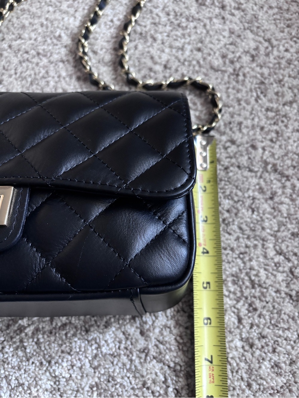 Designer-Inspired Quilted Black Italian Leather Flap -Gold Chain Shoulder Bag - Picture 11 of 13